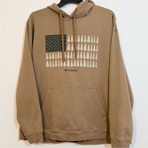 Columbia XXL Hoodie Tree American Flag Graphic Fleece Pullover Tan
